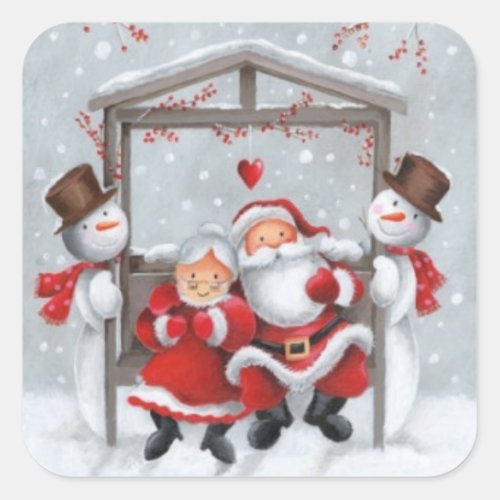 Vintage Winter Christmas Santa and Snowman Square Sticker