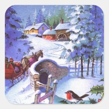 Vintage Winter Christmas Scene Square Sticker by Timeless_Treasures at Zazzle