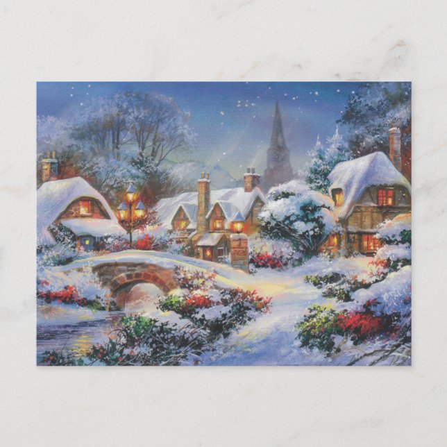 Vintage Winter Christmas Village Holiday Postcard (Front)