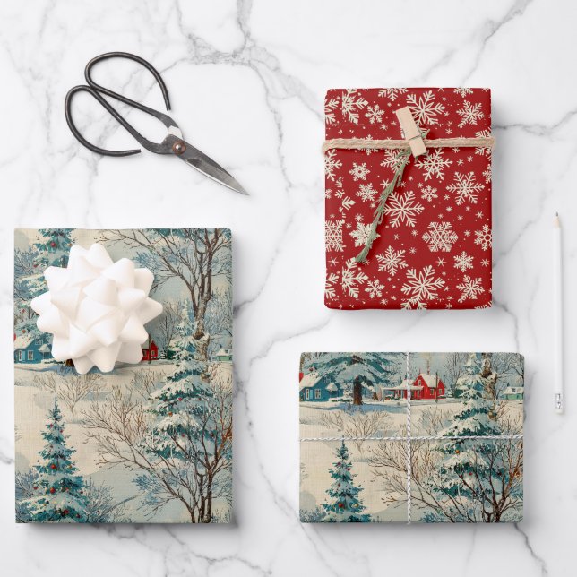 Vintage Winter Christmas Village II Wrapping Paper Sheets (Front)