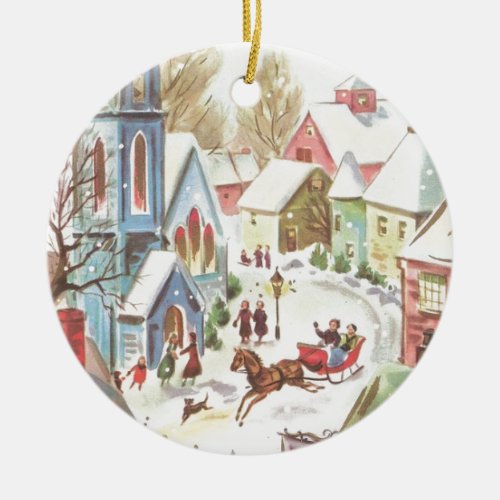 Vintage Winter Christmas Village Scene Ceramic Ornament