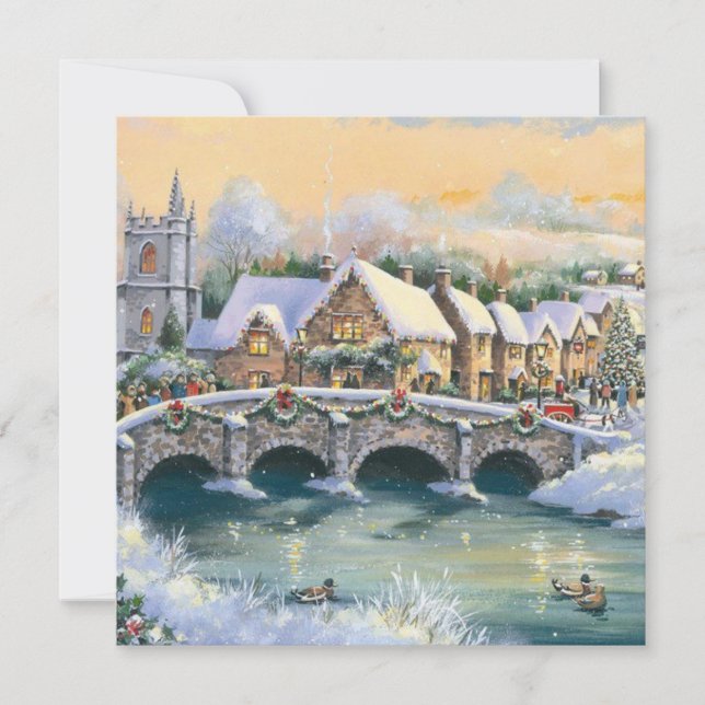 Vintage Winter Christmas Village Scene Holiday Card (Front)