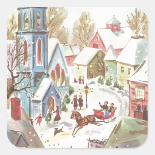 Vintage Winter Christmas Village Scene Square Sticker