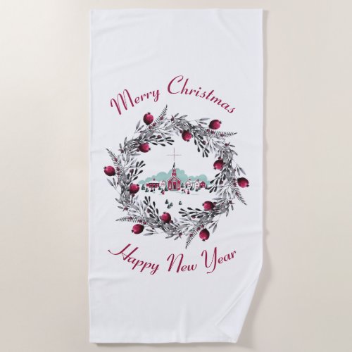 Vintage Winter Church Scene with Christmas Wreath Beach Towel