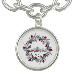 Vintage Winter Church Scene with Christmas Wreath Charm Bracelet