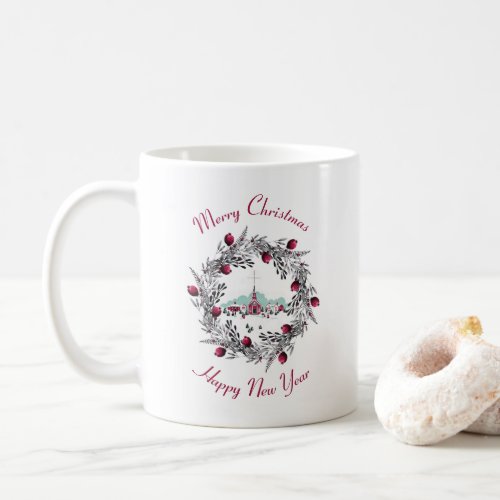 Vintage Winter Church Scene with Christmas Wreath Coffee Mug