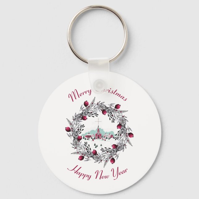 Vintage Winter Church Scene with Christmas Wreath Keychain (Front)