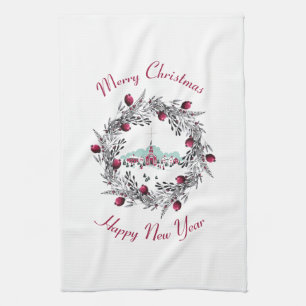 Vintage Winter Church Scene with Christmas Wreath Kitchen Towel