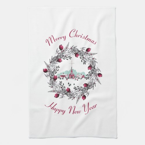 Vintage Winter Church Scene with Christmas Wreath Kitchen Towel
