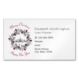 Vintage Winter Church Scene with Christmas Wreath Magnetic Business Card