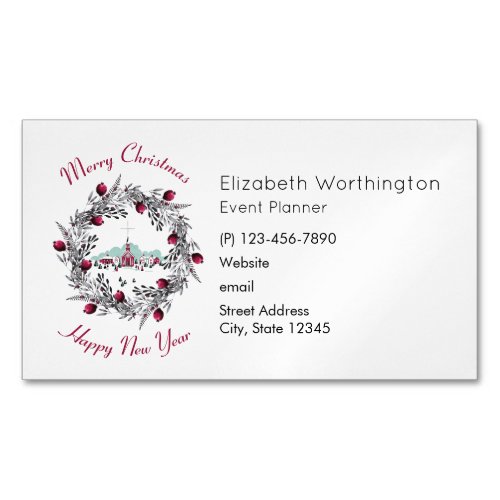 Vintage Winter Church Scene with Christmas Wreath Magnetic Business Card