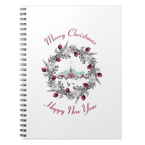 Vintage Winter Church Scene with Christmas Wreath Notebook