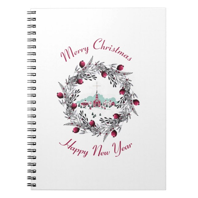 Vintage Winter Church Scene with Christmas Wreath Notebook (Front)