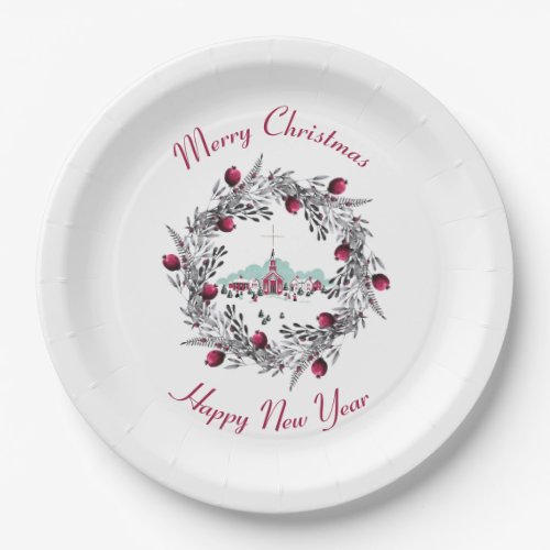 Vintage Winter Church Scene with Christmas Wreath Paper Plates