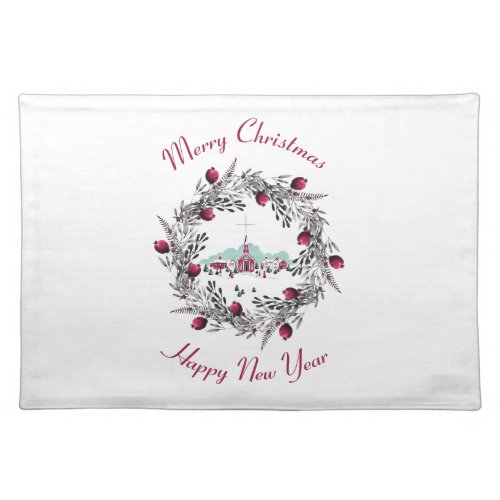 Vintage Winter Church Scene with Christmas Wreath Placemat
