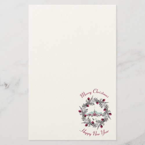 Vintage Winter Church Scene with Christmas Wreath Stationery