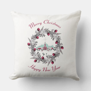 Vintage Winter Church Scene with Christmas Wreath Throw Pillow