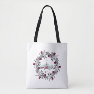 Vintage Winter Church Scene with Christmas Wreath Tote Bag
