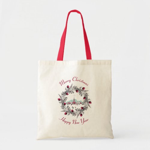 Vintage Winter Church Scene with Christmas Wreath Tote Bag