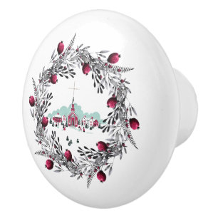 Vintage Winter Church Scene with Floral Wreath Ceramic Knob