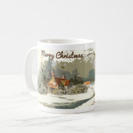 Vintage Winter Cottage Merry Christmas Art Mug