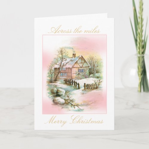 Vintage Winter Cottage Pink and Gold Christmas Card