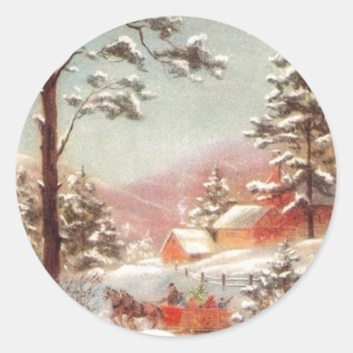 Vintage Winter Country Scene Classic Round Sticker