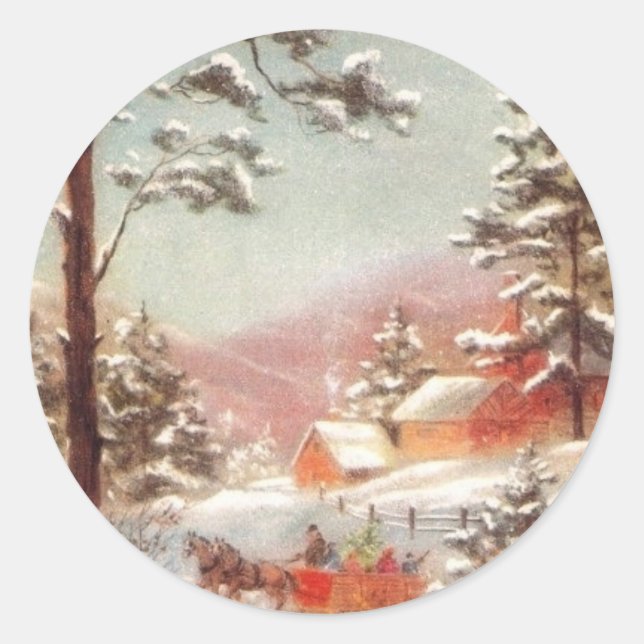 Vintage Winter Country Scene Classic Round Sticker (Front)