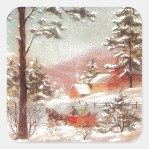 Vintage Winter Country Scene Square Sticker