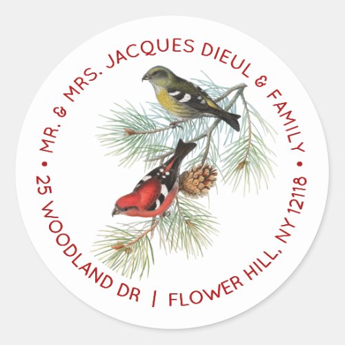 Vintage Winter Crossbill Birds Pine Return Address Classic Round Sticker