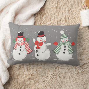 Vintage Winter Dancing Snowmen Gray Lumbar Pillow