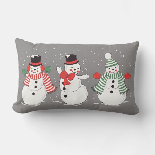 Vintage Winter Dancing Snowmen Gray Lumbar Pillow