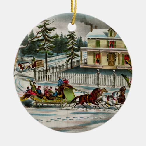 Vintage Winter Days Horse and sleigh Ceramic Ornament