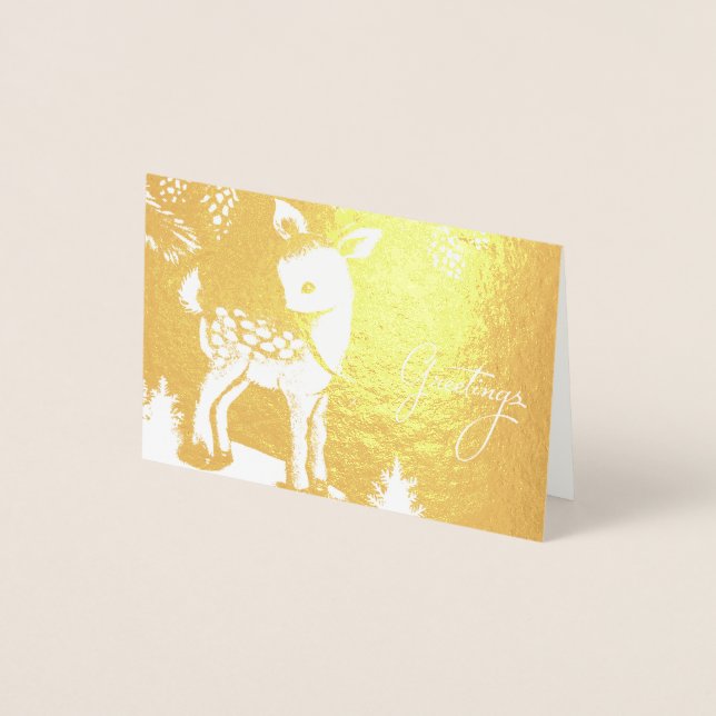 Vintage Winter Deer Christmas Greetings Foil Card (Front)