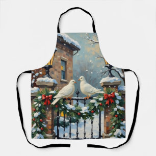 Vintage Winter Doves at Lantern-Lit Gate Christmas Apron
