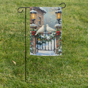 Vintage Winter Doves at Lantern-Lit Gate Christmas Garden Flag
