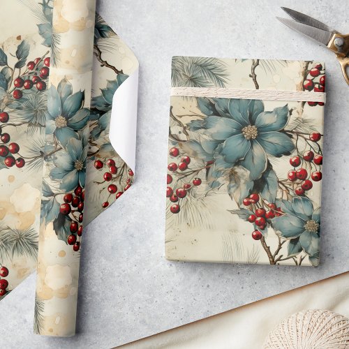 Vintage Winter Elegance Red Berries  Grey Floral Wrapping Paper