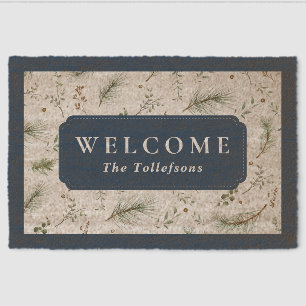 Vintage Winter Evergreen Navy Blue Welcome Fiber Doormat