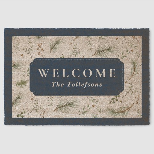 Vintage Winter Evergreen Navy Blue Welcome Fiber Doormat