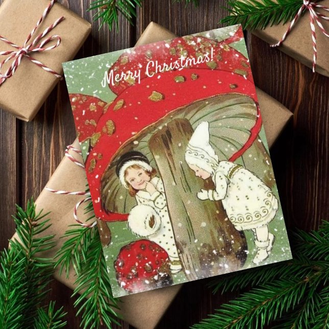 Vintage Winter Fairies under Mushroom Christmas  Postcard (Creator Uploaded)