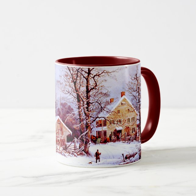 Vintage Winter Farm Scene. Christmas Gift Mugs (Front Right)
