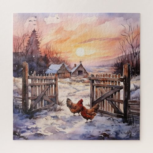 Vintage Winter Farm Scene With Gate and Chickens  Jigsaw Puzzle