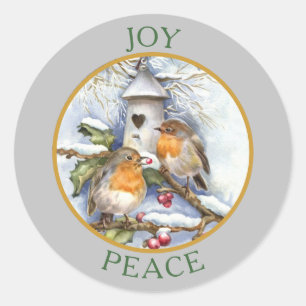 Vintage Winter Finches Joy Peace Christmas Classic Round Sticker
