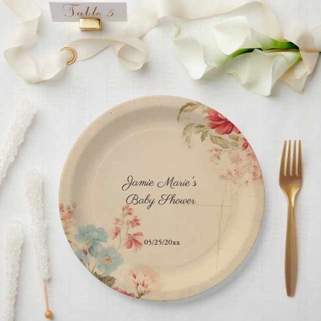 Vintage Winter Floral Baby Shower Paper Plates (Wedding)