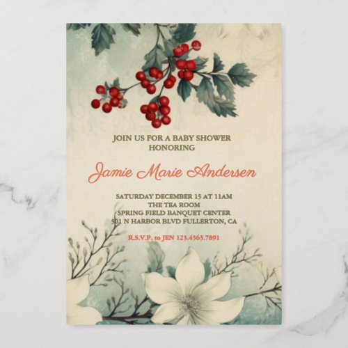 Vintage Winter Floral Christmas Baby Shower Foil Invitation