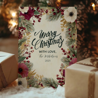 Vintage Winter Floral Merry Christmas Holiday Card