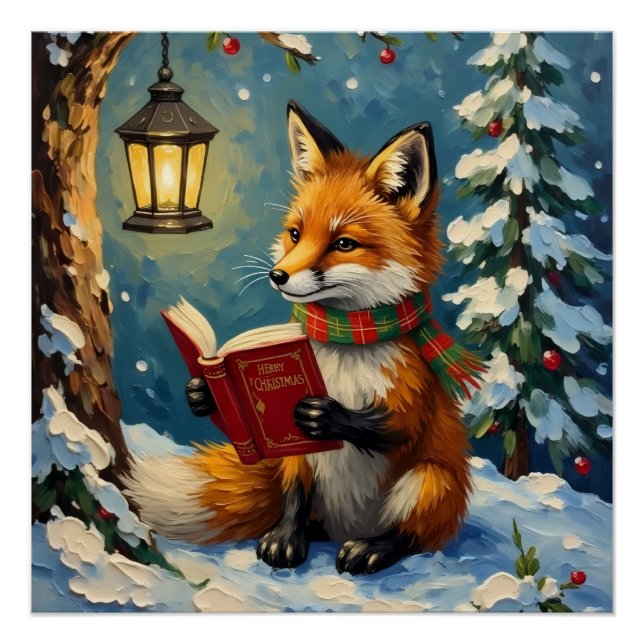 Vintage Winter Fox Reading by Lantern Light Poster (Front)