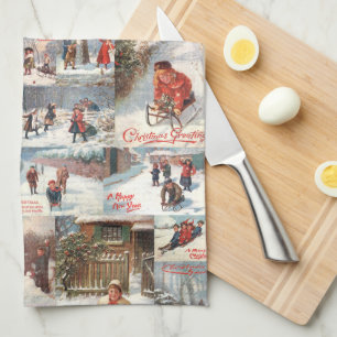 Vintage Winter Fun Christmas Collage Kitchen Towel