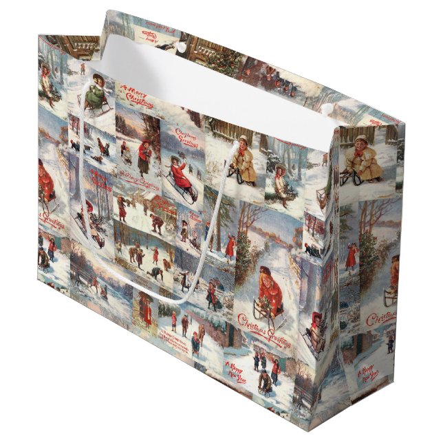 Vintage Winter Fun Christmas Collage Large Gift Bag (Front Angled)