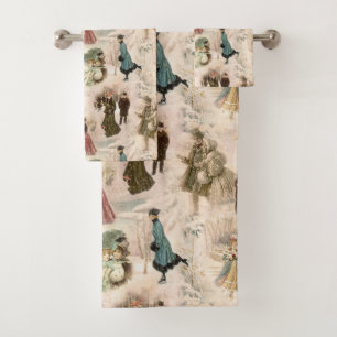 Vintage Winter Fun Snow Scenes Bath Towel Set